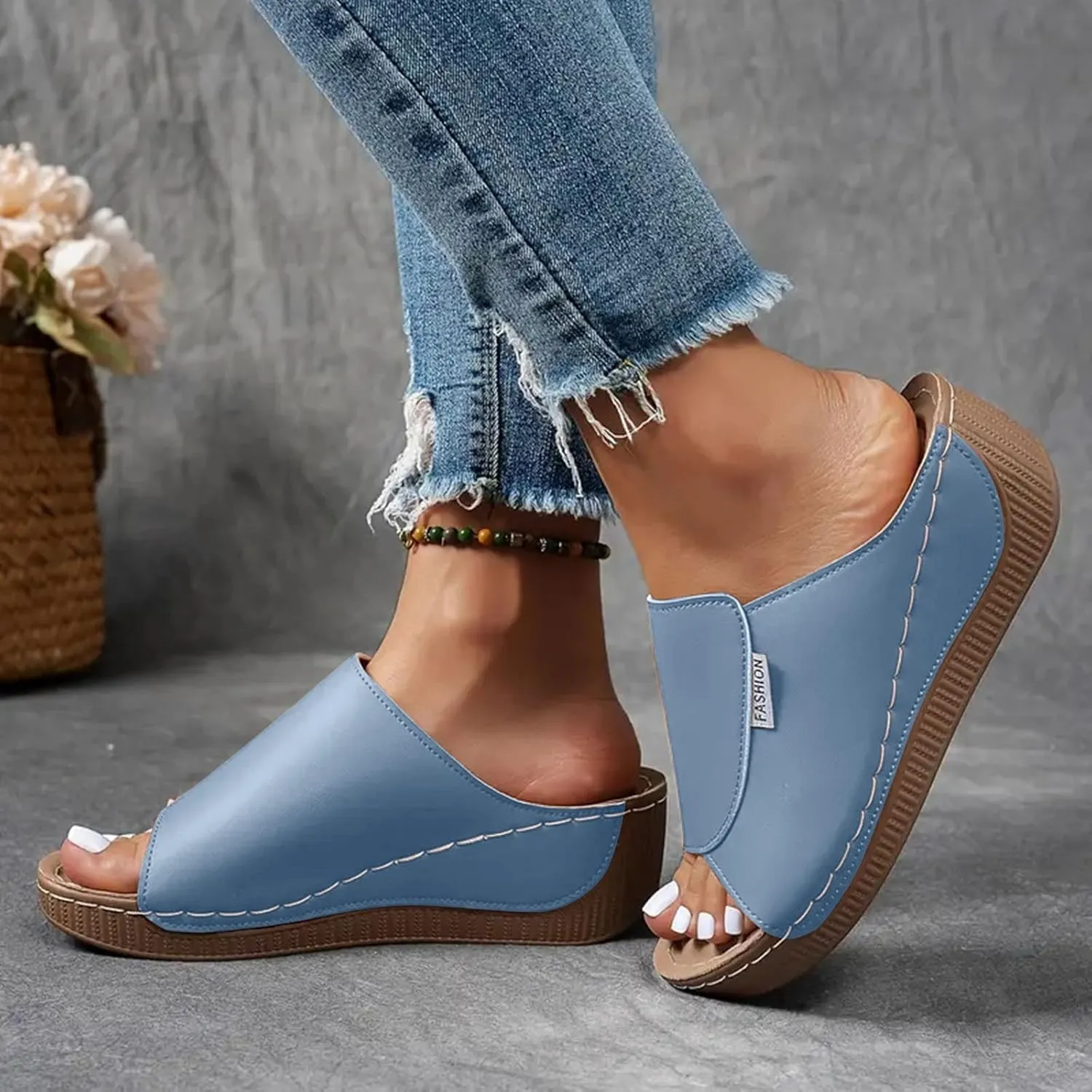 SuanlaTDS Women's Orthopedic Wedge Slide Sandals Platform Arch Support Comfortable Slip On Open Toe High Heels Slide Sandal Casual Summer Shoes Outdoor Elegant Dressy Walking Slippers