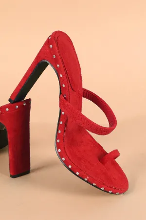 Suede Rhinestone Accent Toe Ring Mule Heel