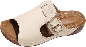 Summer Wedge Sandals for Women Comfortable Orthopedic Wedge Sandals Breathable Solid Color Slip On Platform Slippers Open Toe Soft Leather Metal Buckle Shoes