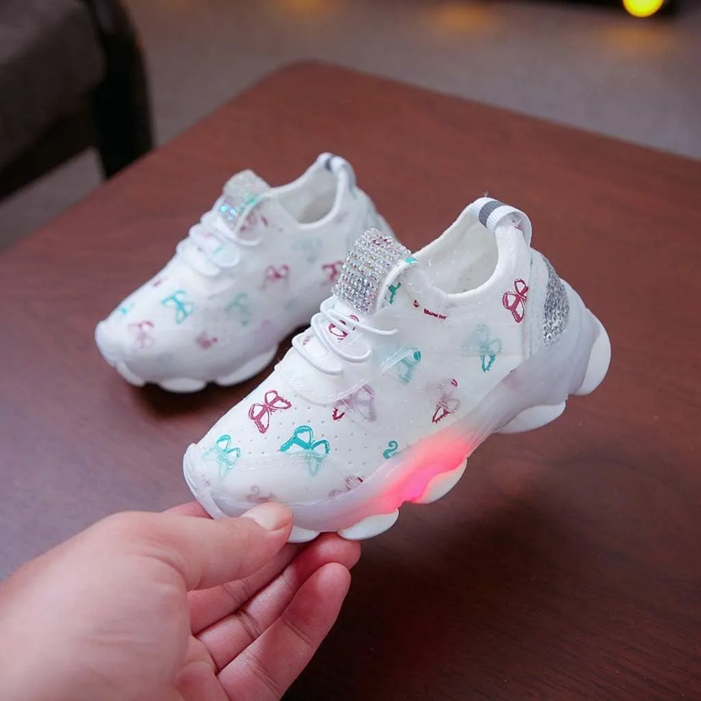 Toddler Baby Boys Girls Sneakers Fashion LED Light Luminous Butterfly Printed Slip On Lace Up Running Sport Shoes