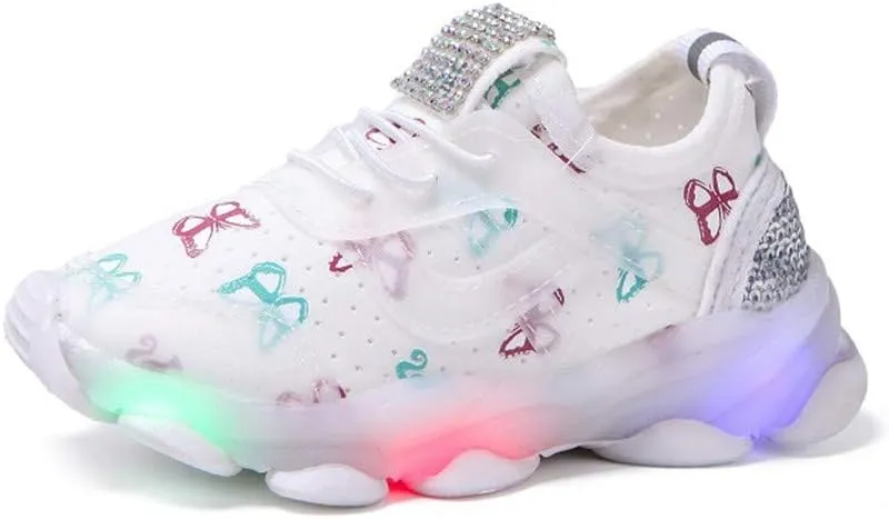 Toddler Baby Boys Girls Sneakers Fashion LED Light Luminous Butterfly Printed Slip On Lace Up Running Sport Shoes