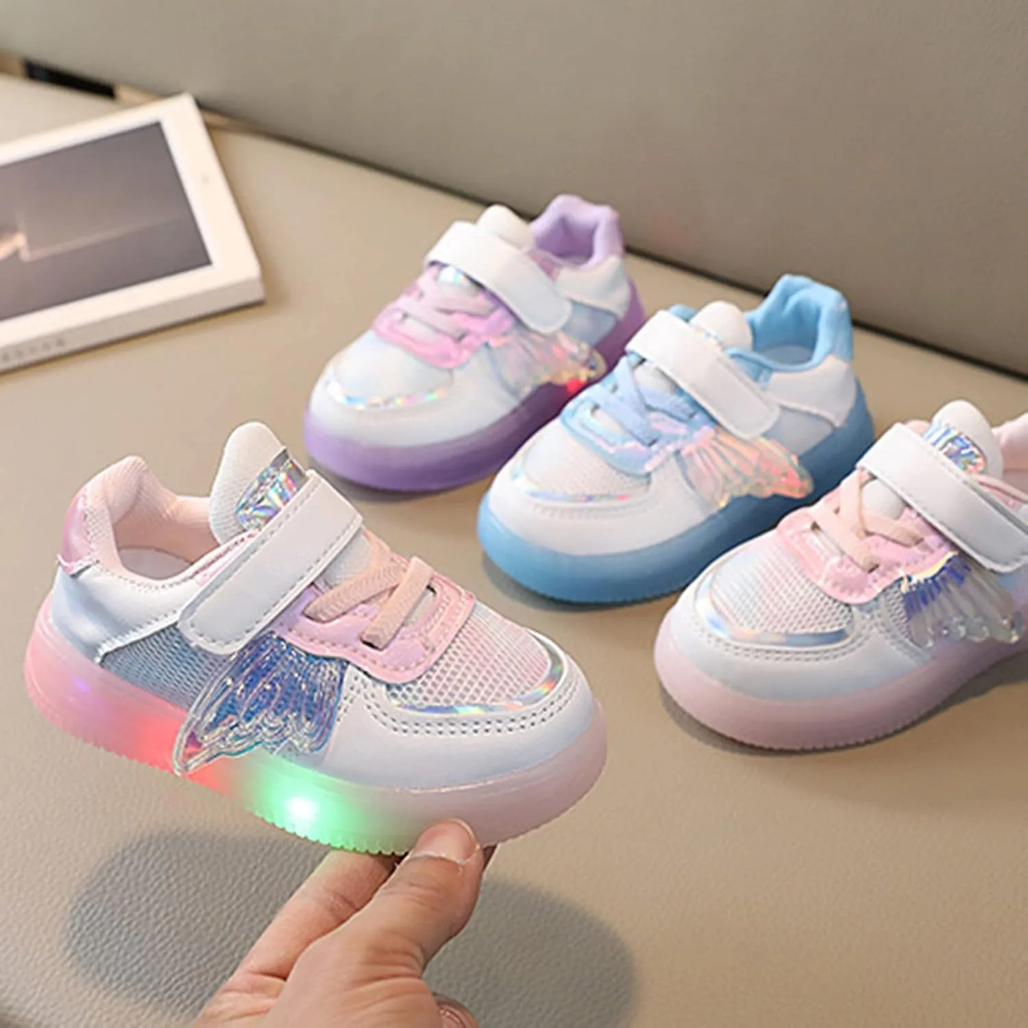 Toddler Boys Glitter Sneakers Strap Flat Non Slip Glitter Sport Shoes Baby First Walking Breathable Sneakers for Kids