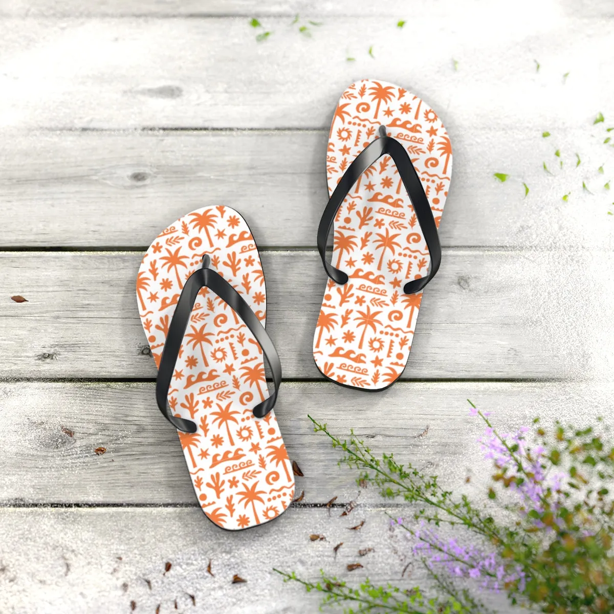 Tropical Island Pattern Flip Flops  Orange Beach-Inspired Summer Sandals