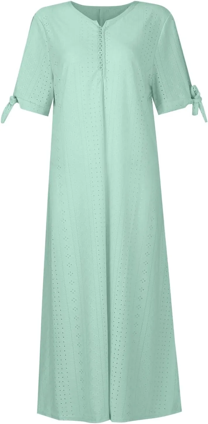 TWGONE Maxi Long Dresses for Women Casual Summer Short Sleeve Eyelet Tshirt Dress 2025 Trendy Beach Vacation Sundresses