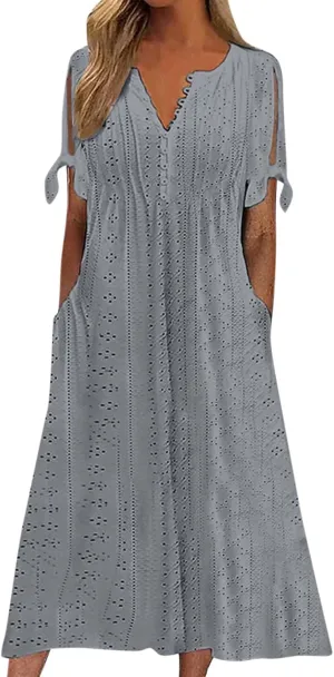 TWGONE Maxi Long Dresses for Women Casual Summer Short Sleeve Eyelet Tshirt Dress 2025 Trendy Beach Vacation Sundresses