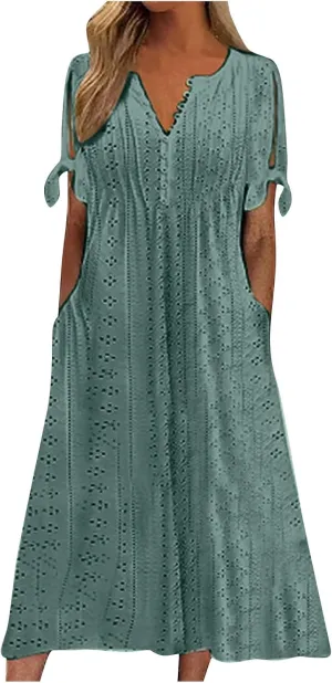 TWGONE Maxi Long Dresses for Women Casual Summer Short Sleeve Eyelet Tshirt Dress 2025 Trendy Beach Vacation Sundresses