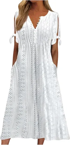 TWGONE Maxi Long Dresses for Women Casual Summer Short Sleeve Eyelet Tshirt Dress 2025 Trendy Beach Vacation Sundresses