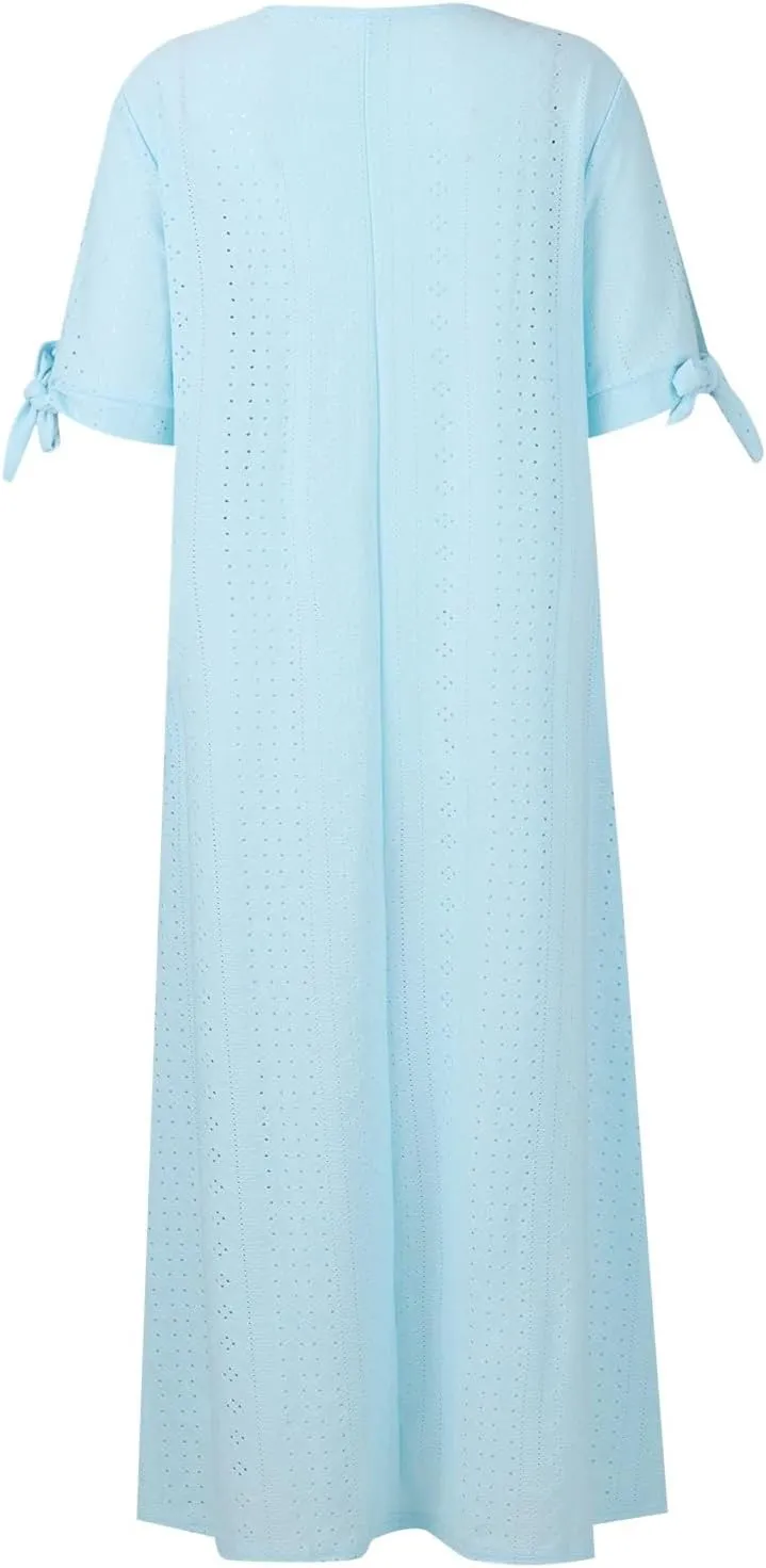 TWGONE Maxi Long Dresses for Women Casual Summer Short Sleeve Eyelet Tshirt Dress 2025 Trendy Beach Vacation Sundresses
