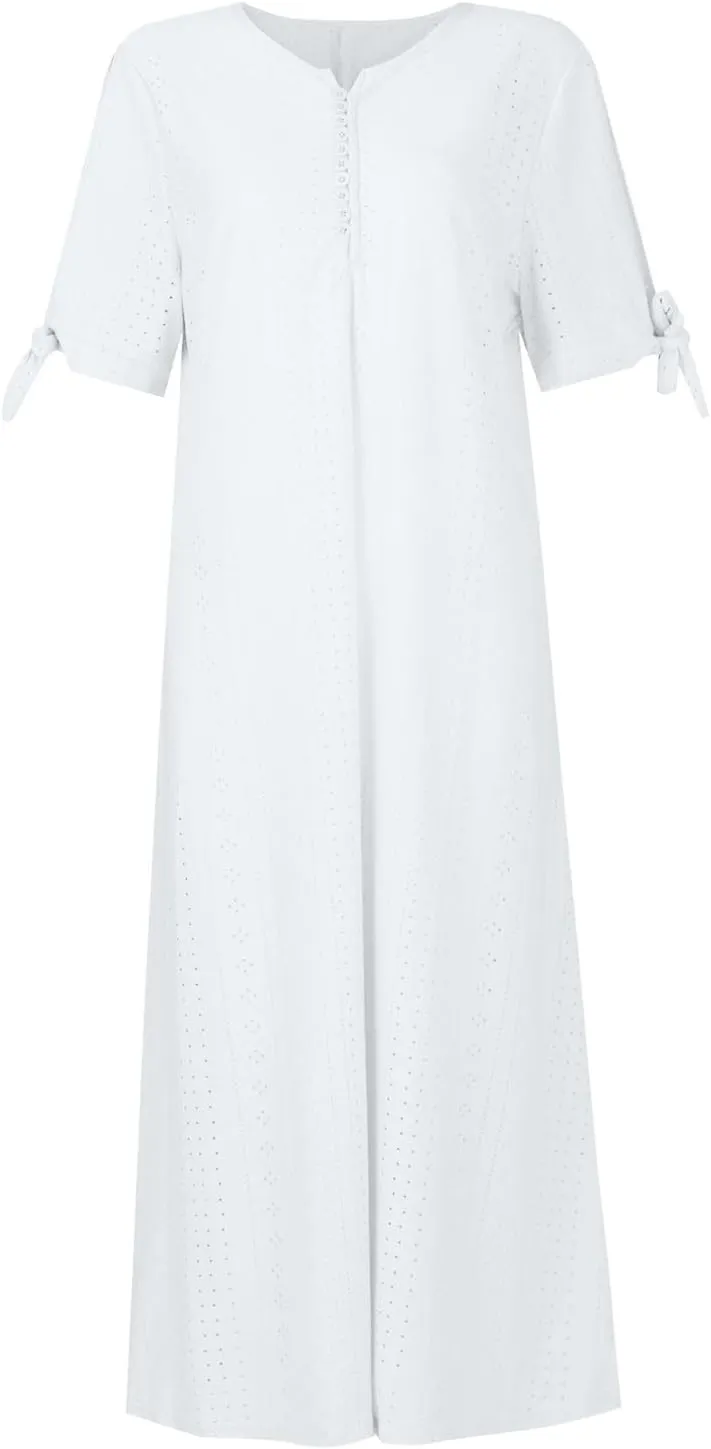 TWGONE Maxi Long Dresses for Women Casual Summer Short Sleeve Eyelet Tshirt Dress 2025 Trendy Beach Vacation Sundresses