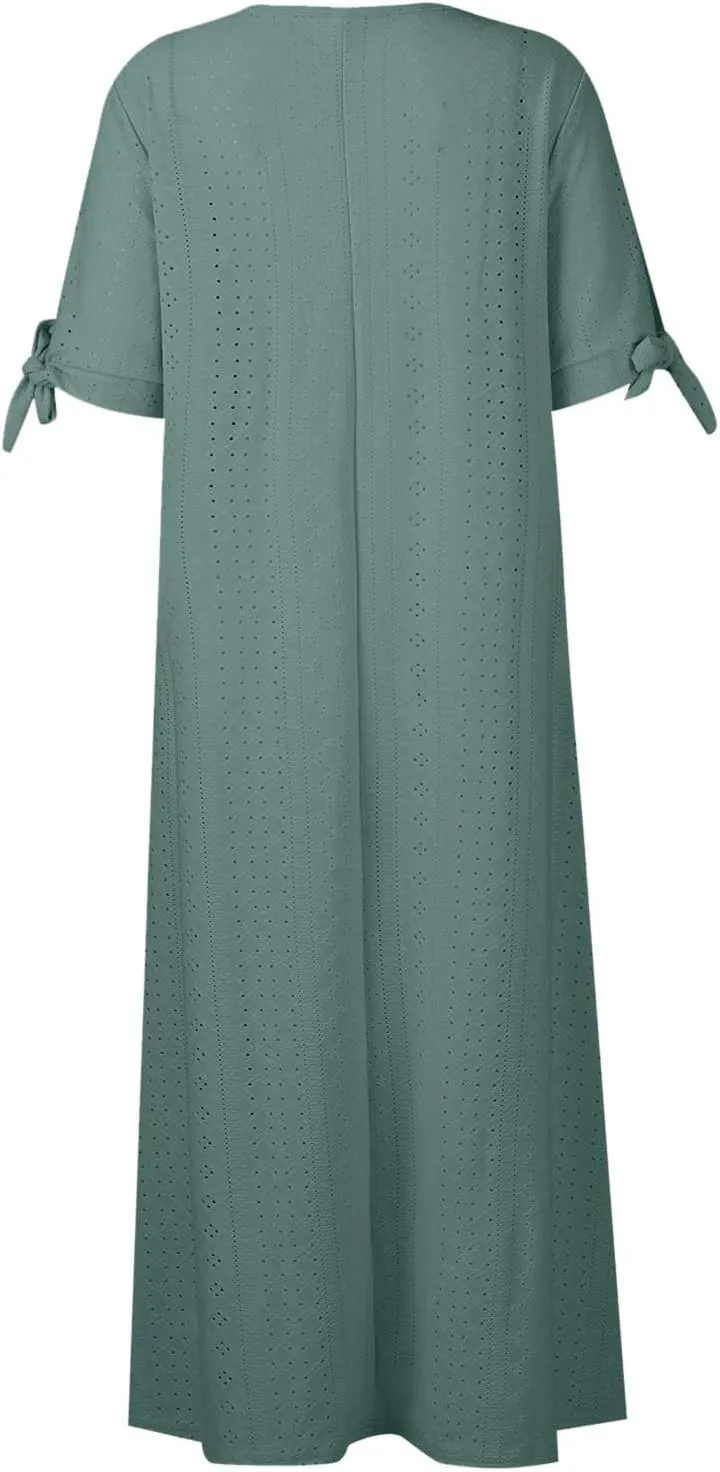 TWGONE Maxi Long Dresses for Women Casual Summer Short Sleeve Eyelet Tshirt Dress 2025 Trendy Beach Vacation Sundresses