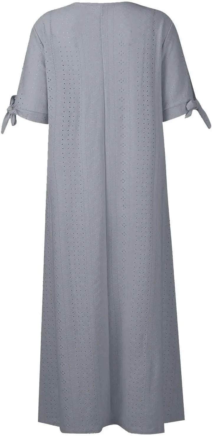 TWGONE Maxi Long Dresses for Women Casual Summer Short Sleeve Eyelet Tshirt Dress 2025 Trendy Beach Vacation Sundresses