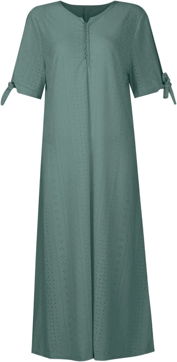 TWGONE Maxi Long Dresses for Women Casual Summer Short Sleeve Eyelet Tshirt Dress 2025 Trendy Beach Vacation Sundresses