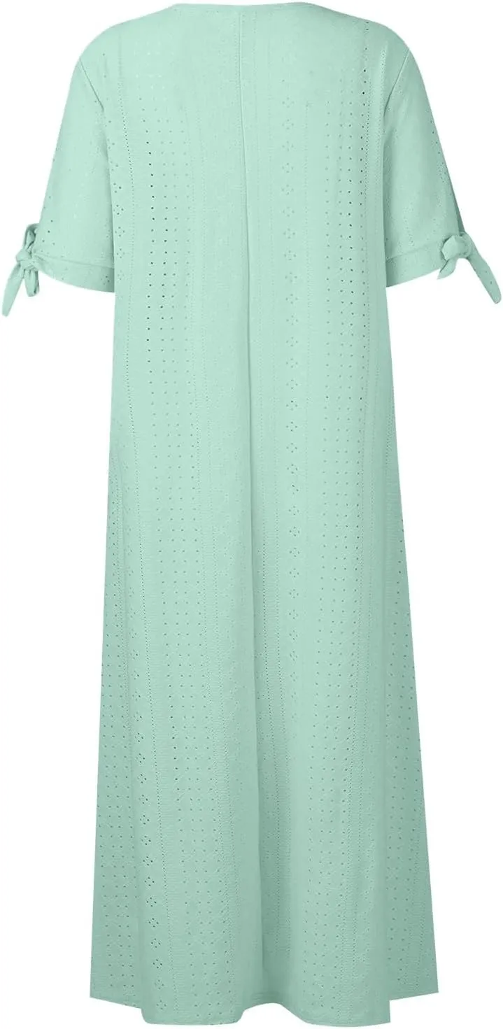 TWGONE Maxi Long Dresses for Women Casual Summer Short Sleeve Eyelet Tshirt Dress 2025 Trendy Beach Vacation Sundresses