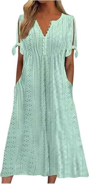 TWGONE Maxi Long Dresses for Women Casual Summer Short Sleeve Eyelet Tshirt Dress 2025 Trendy Beach Vacation Sundresses