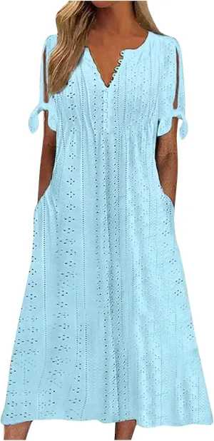 TWGONE Maxi Long Dresses for Women Casual Summer Short Sleeve Eyelet Tshirt Dress 2025 Trendy Beach Vacation Sundresses