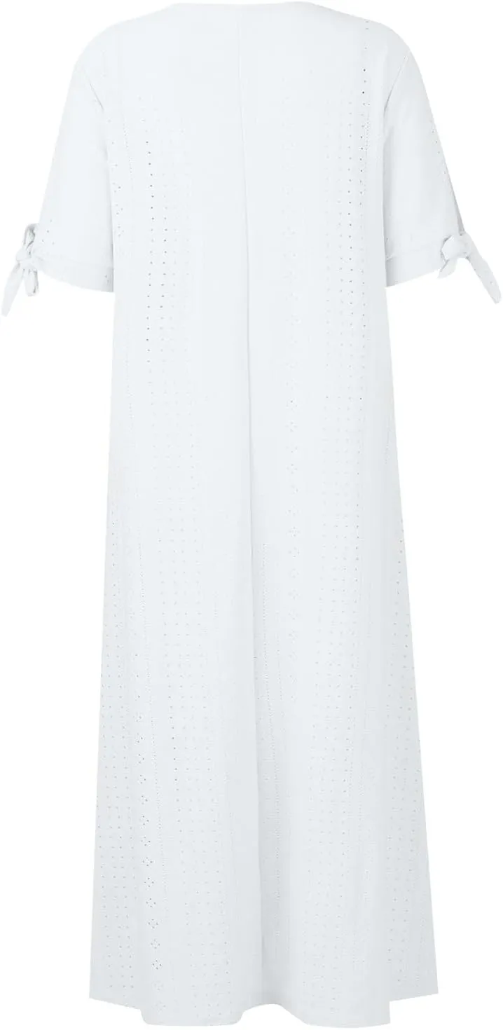 TWGONE Maxi Long Dresses for Women Casual Summer Short Sleeve Eyelet Tshirt Dress 2025 Trendy Beach Vacation Sundresses