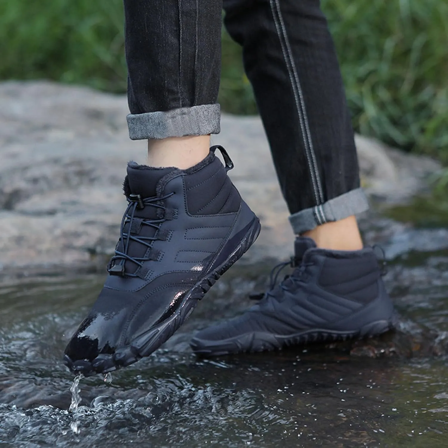 Winter Barefoot Hiking Boot Women and Men, Quick Drying Wide Toe Box Ankle Booties Box, Slip On Fur Lined Warm Shoe