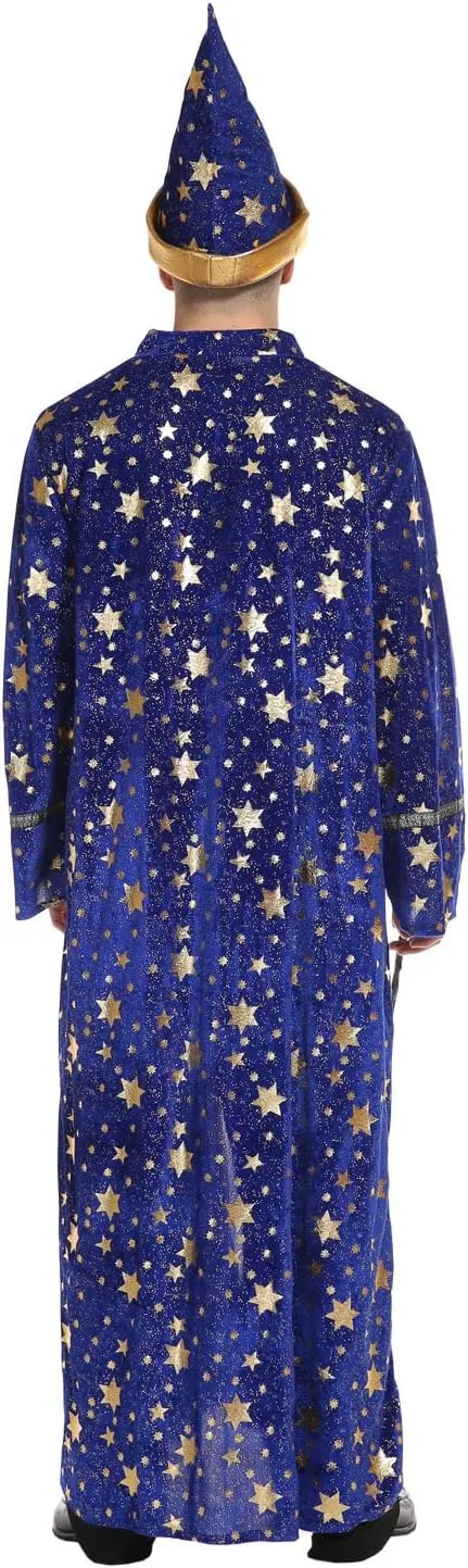 Wizard Costume Adult Men Blue Wizard Cloak with Stars and Magician Stars Hat