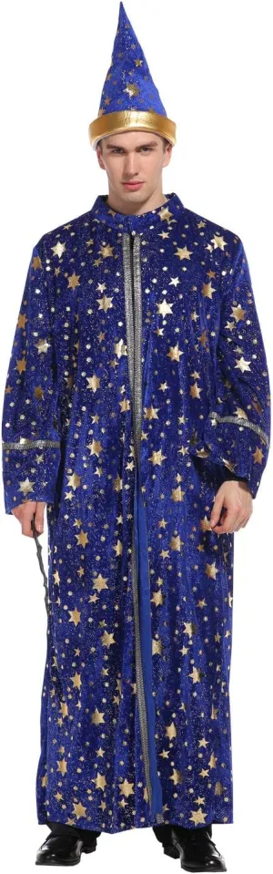 Wizard Costume Adult Men Blue Wizard Cloak with Stars and Magician Stars Hat