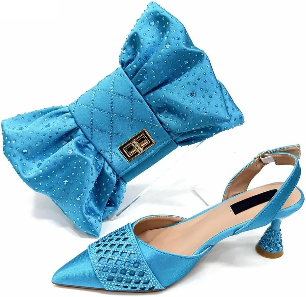Women Crystal Pumps Shoes and Bag Set African Design Sandal Stones Shoes and Bag Set for Wedding Dress
