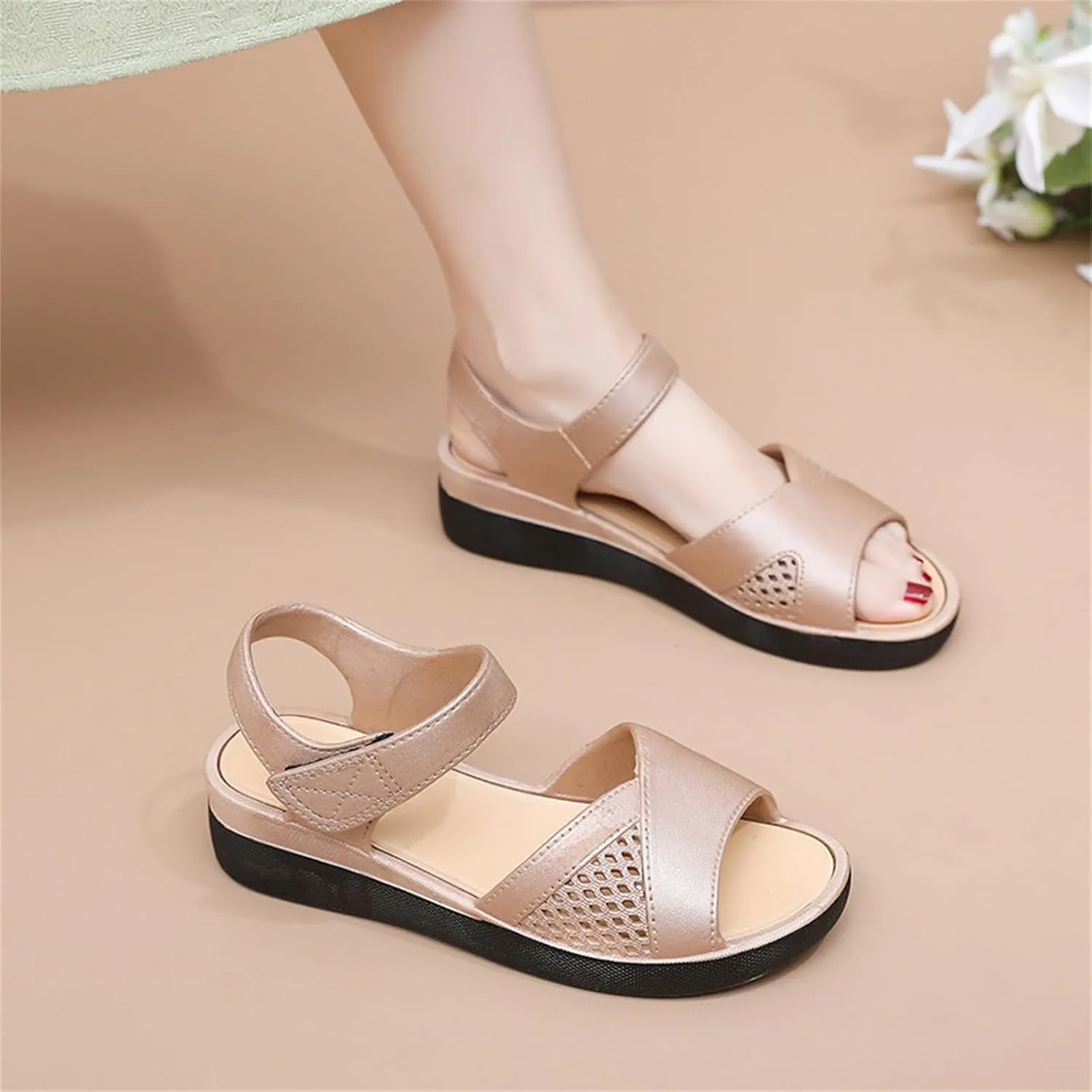 Women Orthopedic Sandals Women Open Toe Ankle Strap Wedge Sandals with Arch Support Leather Wide Width Beach Slides Slip On Walking Shoes