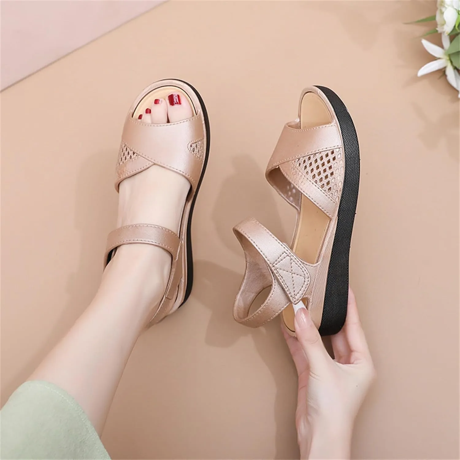 Women Orthopedic Sandals Women Open Toe Ankle Strap Wedge Sandals with Arch Support Leather Wide Width Beach Slides Slip On Walking Shoes