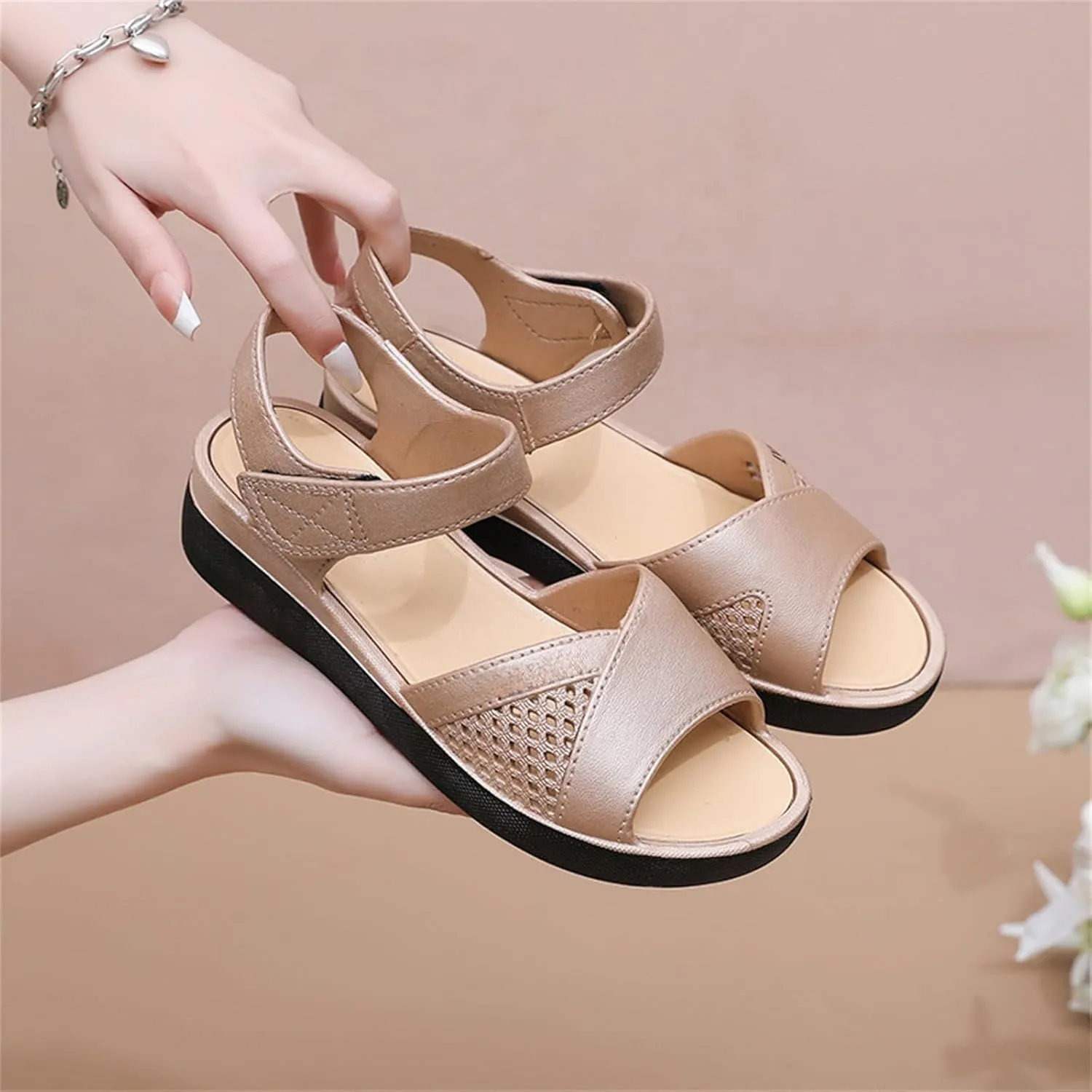 Women Orthopedic Sandals Women Open Toe Ankle Strap Wedge Sandals with Arch Support Leather Wide Width Beach Slides Slip On Walking Shoes