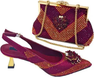 Women Shoes and Bag Set African Stones Pumps with Handbag Thin Heels High Elegant Crystal Decoration Basic Pump