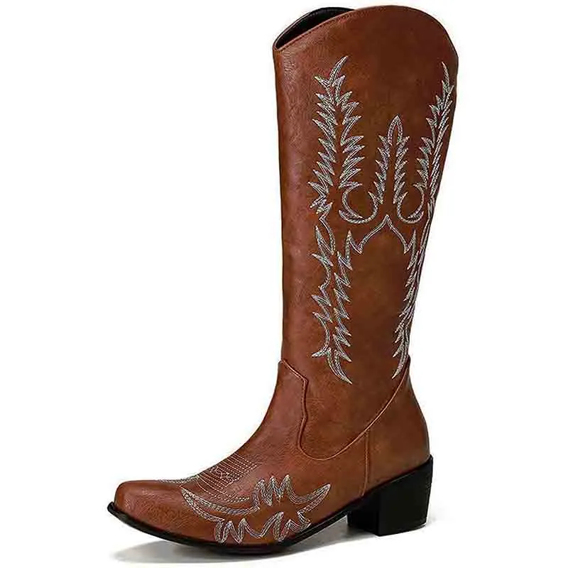 Women Western Boots Chunky Heel Cowgirl Cowboy Retro Short Ankle Boots