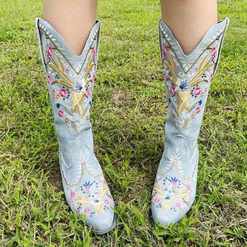 Women Western Boots Chunky Heel Cowgirl Cowboy Retro Short Ankle Boots