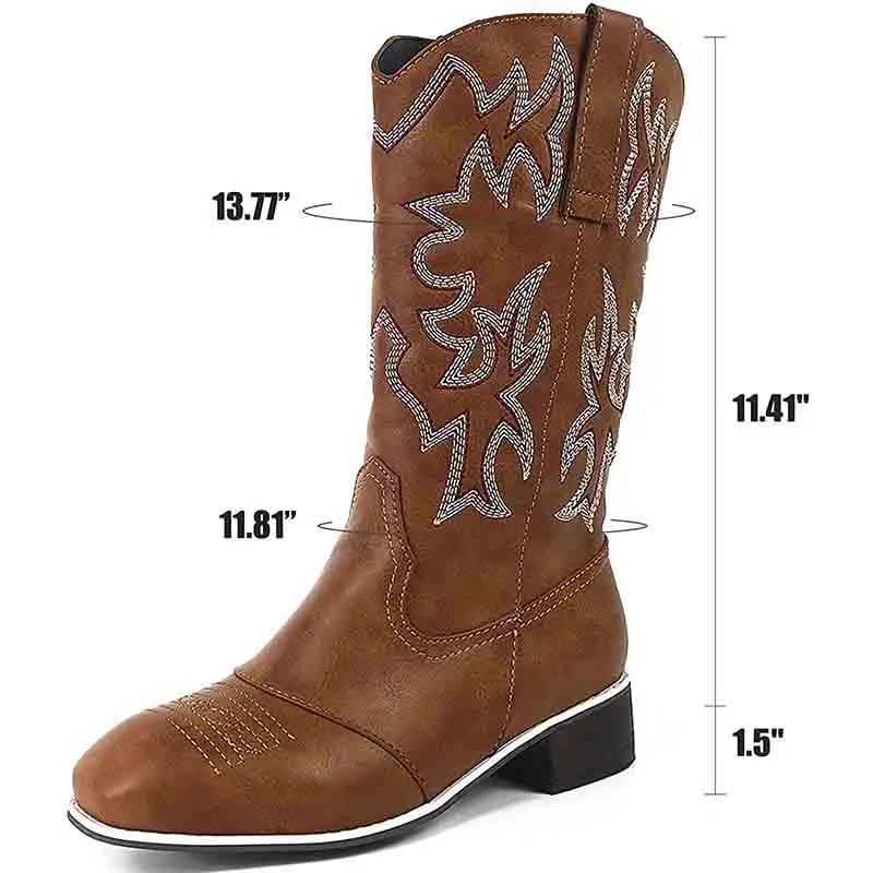 Women Western Boots Chunky Heel Cowgirl Cowboy Retro Short Ankle Boots