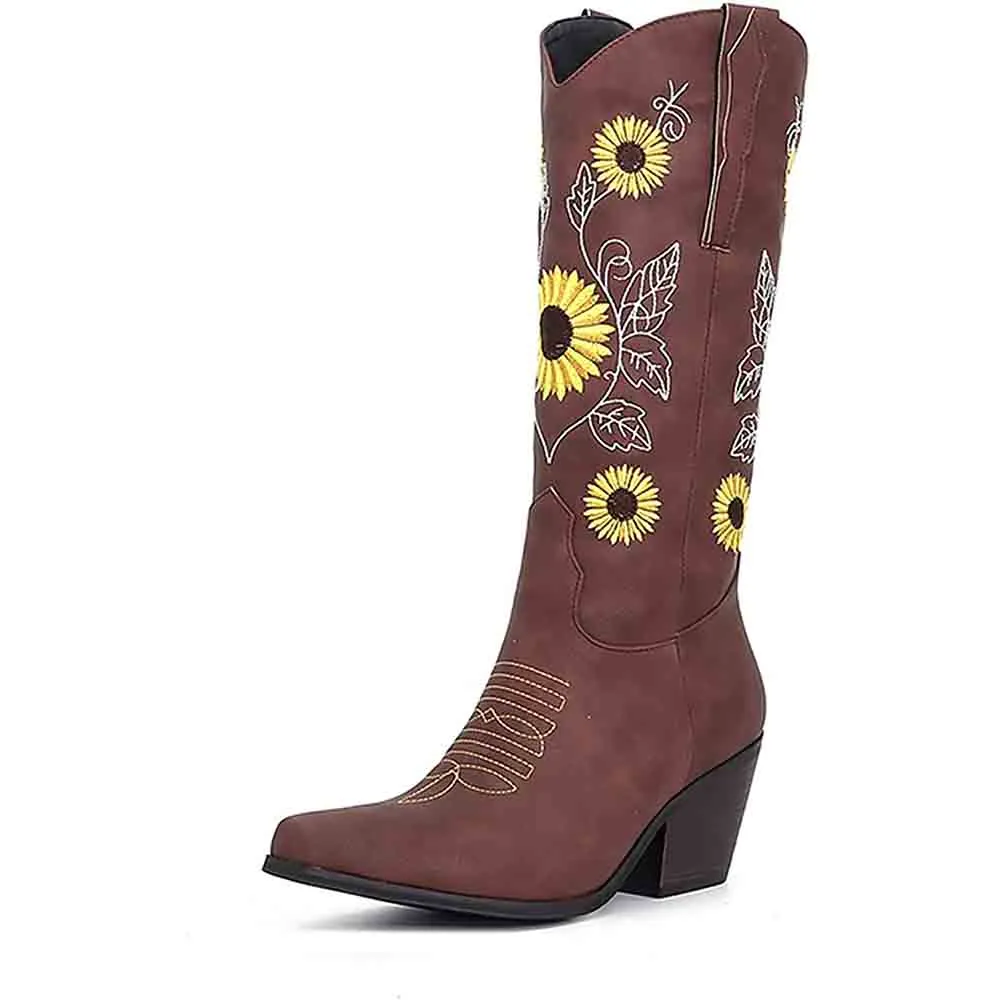 Women Western Boots Chunky Heel Cowgirl Cowboy Retro Short Ankle Boots