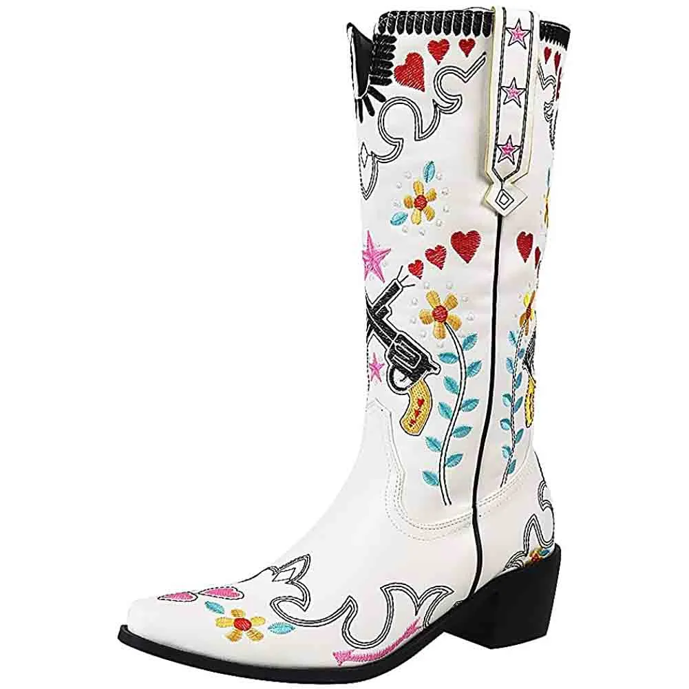 Women Western Boots Chunky Heel Cowgirl Cowboy Retro Short Ankle Boots