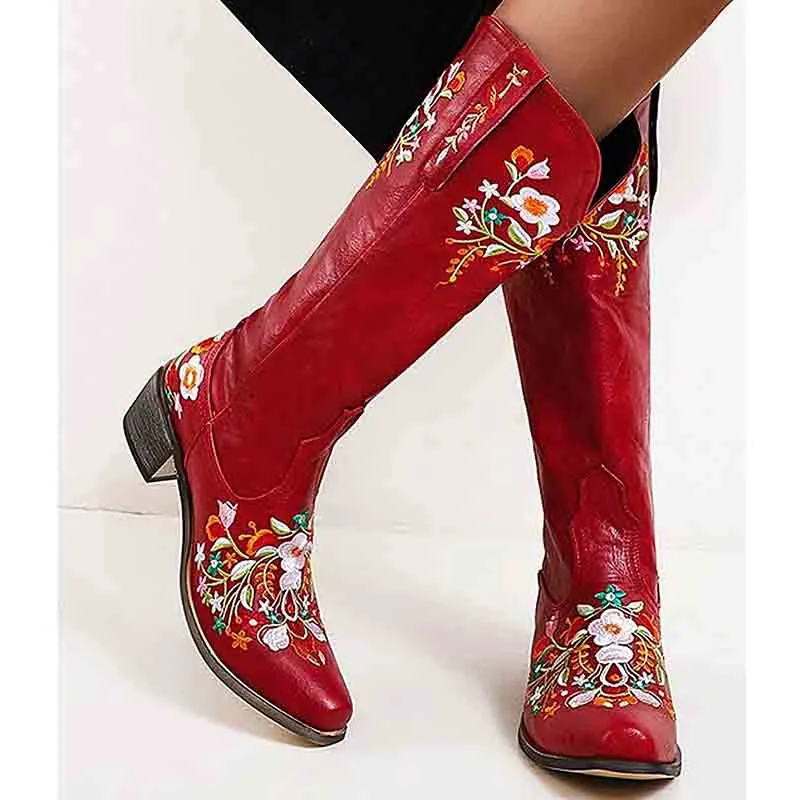 Women Western Boots Chunky Heel Cowgirl Cowboy Retro Short Ankle Boots