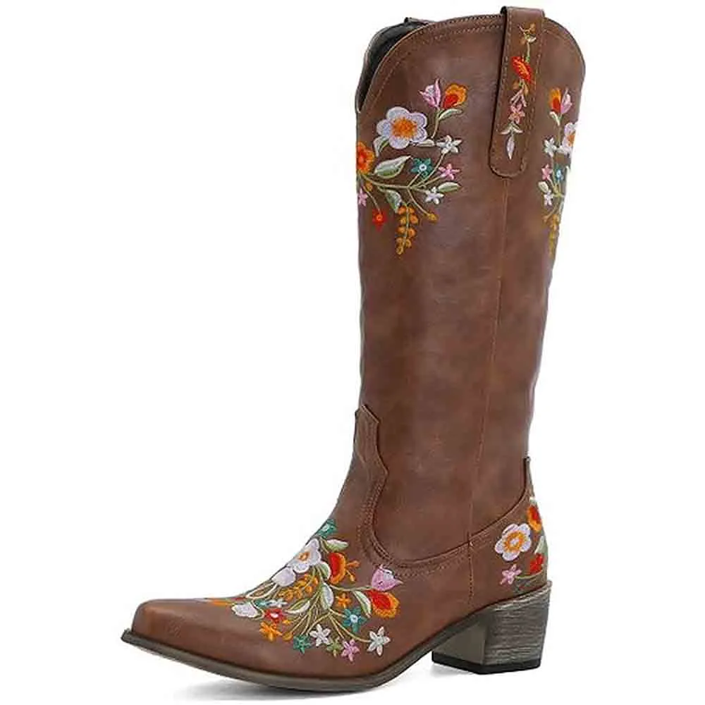 Women Western Boots Chunky Heel Cowgirl Cowboy Retro Short Ankle Boots