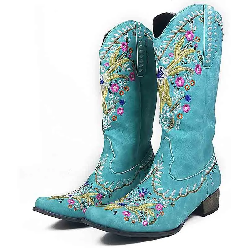 Women Western Boots Chunky Heel Cowgirl Cowboy Retro Short Ankle Boots