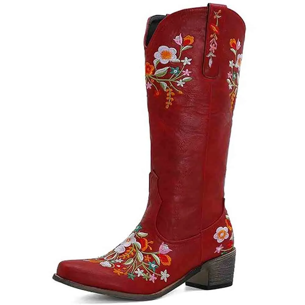 Women Western Boots Chunky Heel Cowgirl Cowboy Retro Short Ankle Boots