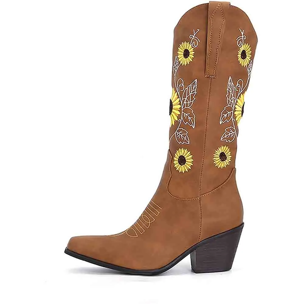 Women Western Boots Chunky Heel Cowgirl Cowboy Retro Short Ankle Boots