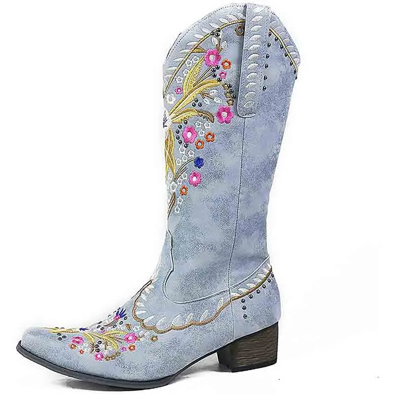 Women Western Boots Chunky Heel Cowgirl Cowboy Retro Short Ankle Boots
