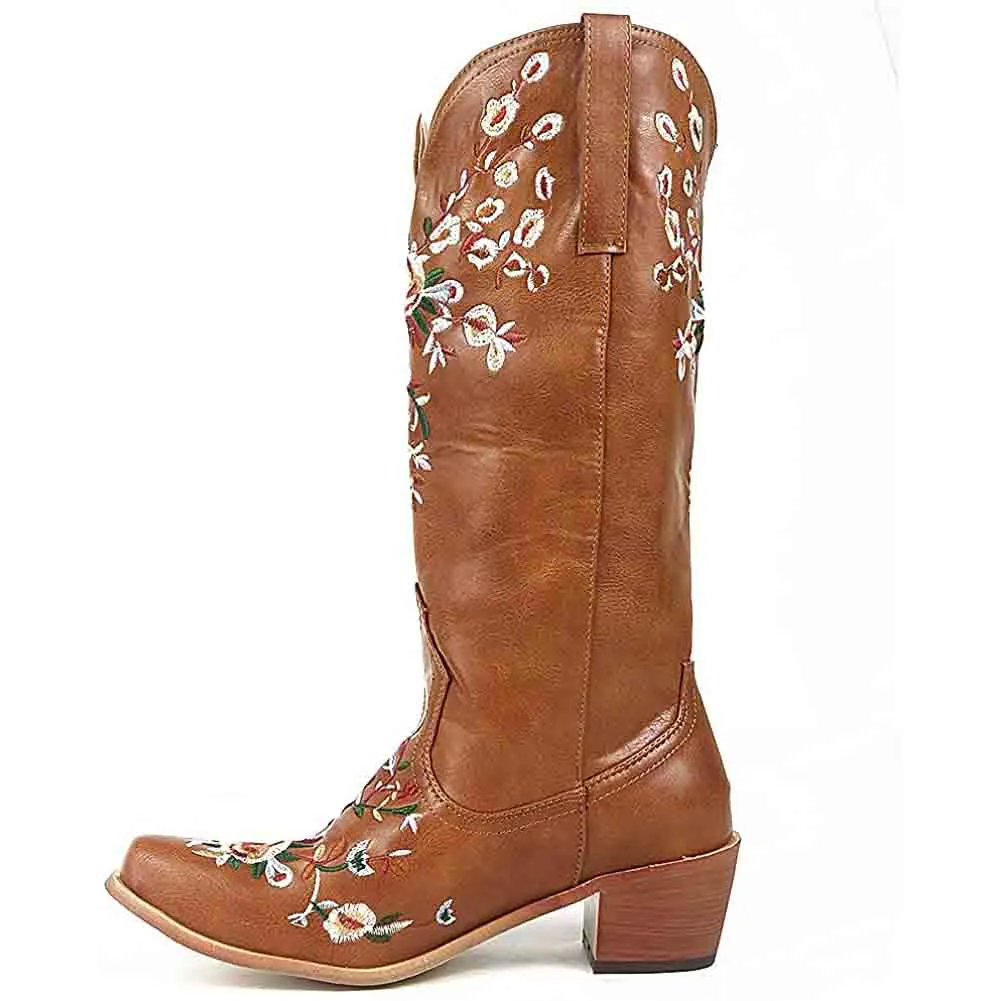 Women Western Boots Chunky Heel Cowgirl Cowboy Retro Short Ankle Boots