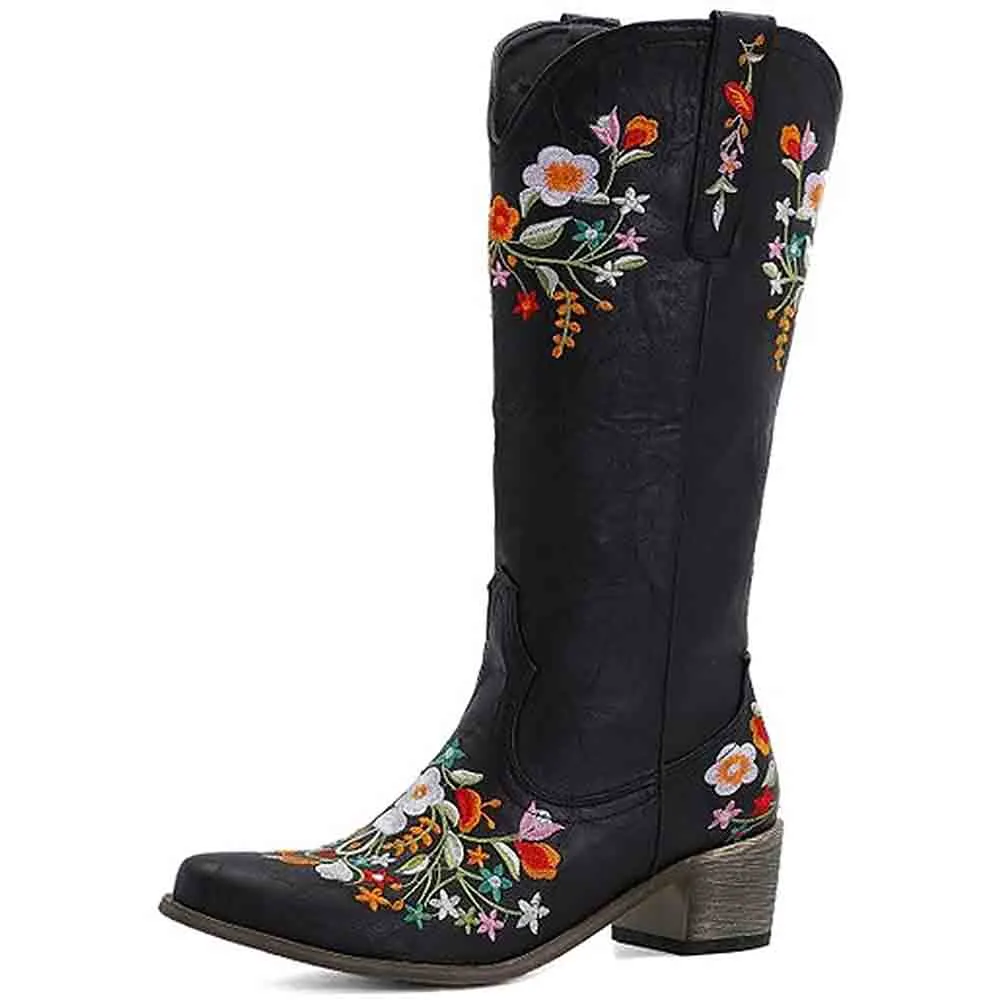 Women Western Boots Chunky Heel Cowgirl Cowboy Retro Short Ankle Boots
