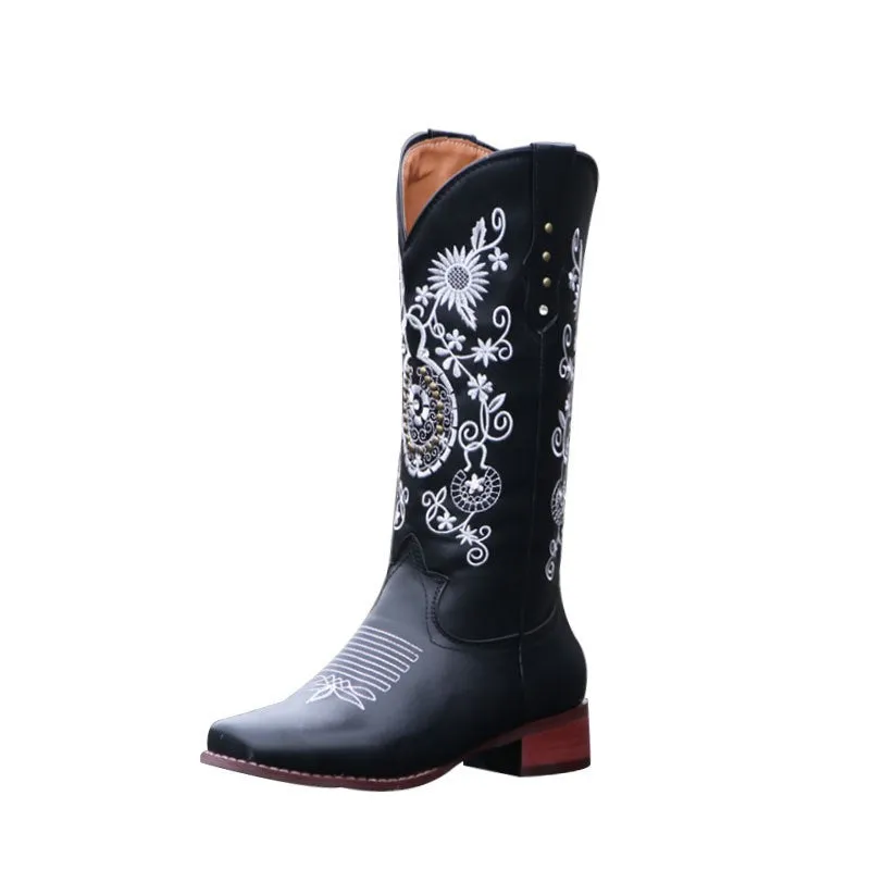Women Western Boots Chunky Heel Cowgirl Cowboy Retro Short Ankle Boots