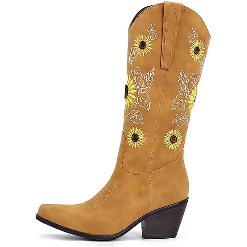 Women Western Boots Chunky Heel Cowgirl Cowboy Retro Short Ankle Boots