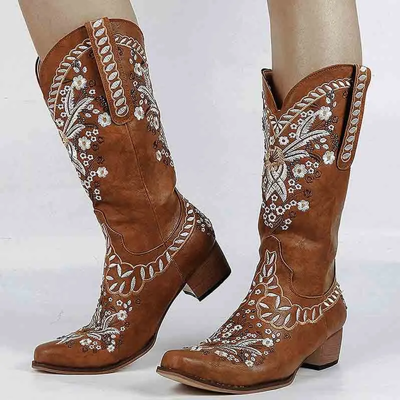 Women Western Boots Chunky Heel Cowgirl Cowboy Retro Short Ankle Boots