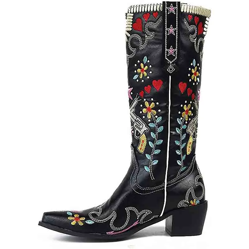 Women Western Boots Chunky Heel Cowgirl Cowboy Retro Short Ankle Boots