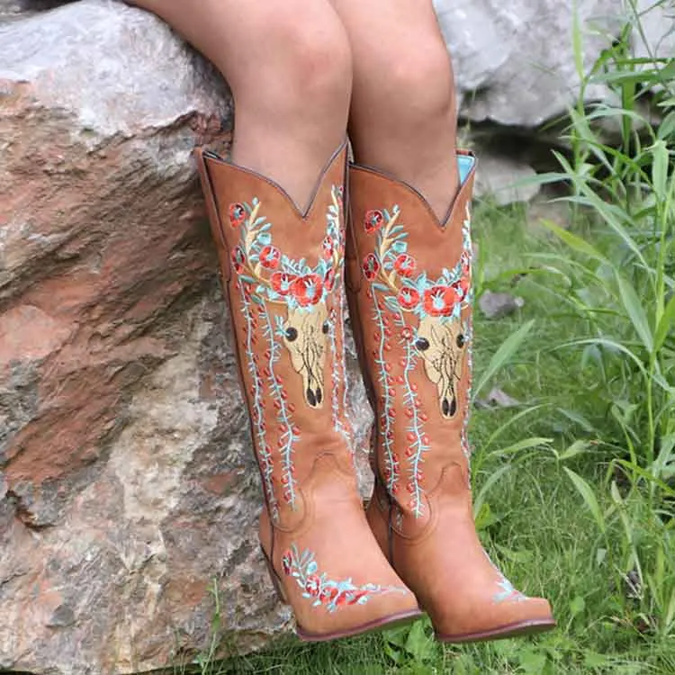 Women Western Boots Chunky Heel Cowgirl Cowboy Retro Short Ankle Boots