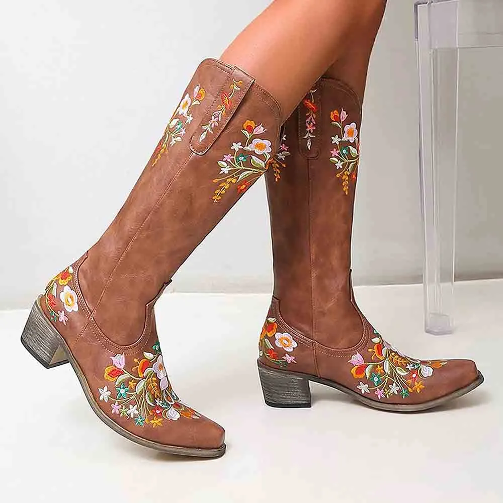 Women Western Boots Chunky Heel Cowgirl Cowboy Retro Short Ankle Boots