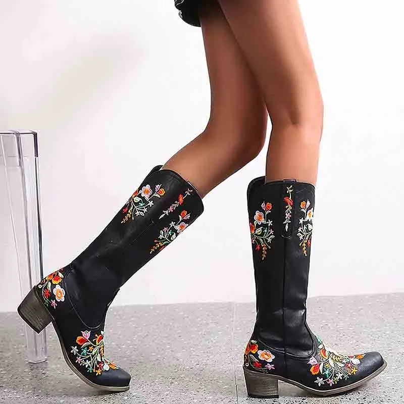 Women Western Boots Chunky Heel Cowgirl Cowboy Retro Short Ankle Boots