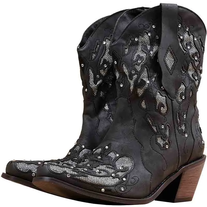 Women Western Boots Chunky Heel Cowgirl Cowboy Retro Short Ankle Boots