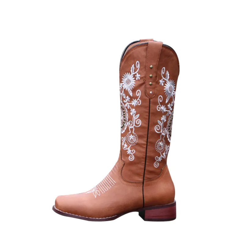 Women Western Boots Chunky Heel Cowgirl Cowboy Retro Short Ankle Boots